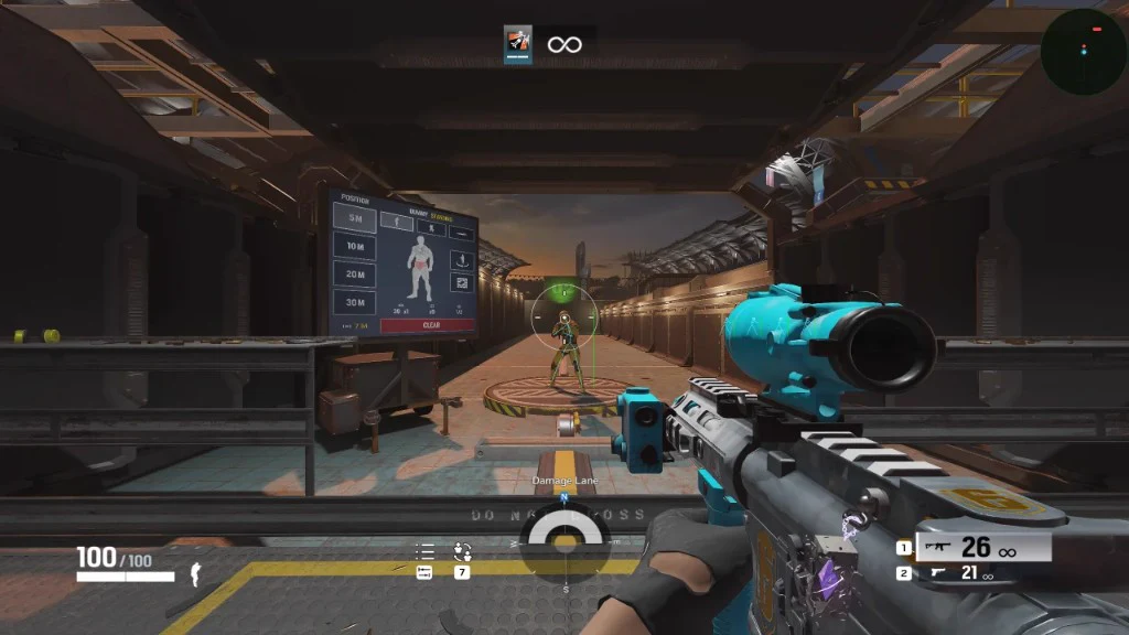 R6 Aimbot ESP shooting range Rainbow Six Siege cheat gameplay — Aimbot and ESP hitbox markers on a shooting-range dummy with a teal-scoped rifle