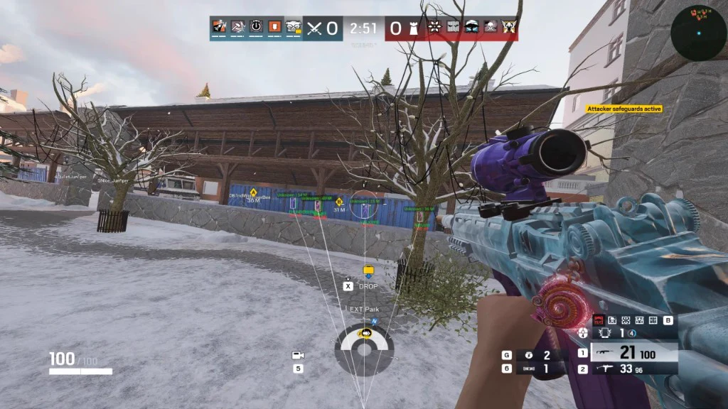 R6 ESP wallhack snowy map Rainbow Six Siege ESP wallhack cheat — enemy operator boxes and distance labels through walls on a snowy map
