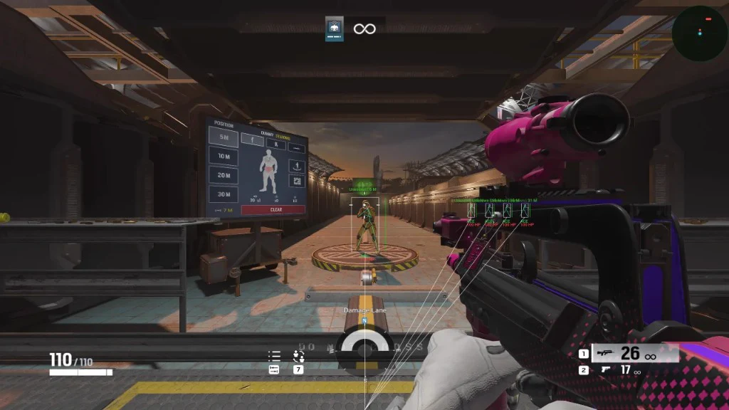 R6 ESP skeleton wallhack Rainbow Six Siege cheat ESP — skeleton and box wallhack on a range dummy with pink custom weapon skin