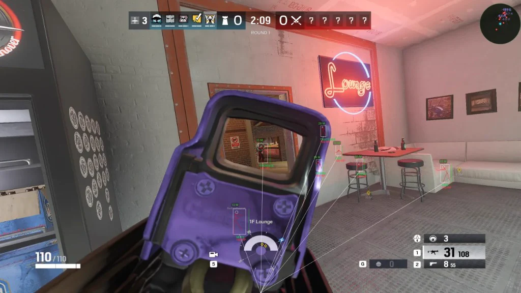 R6 ESP lounge wallhack Rainbow Six Siege wallhack ESP cheat — red enemy boxes, skeletons and snap lines in 1F Lounge