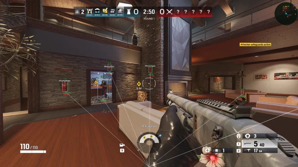 R6 ESP Chalet interior Rainbow Six Siege cheat gameplay — green and red ESP boxes with distance tracking inside a Chalet interior
