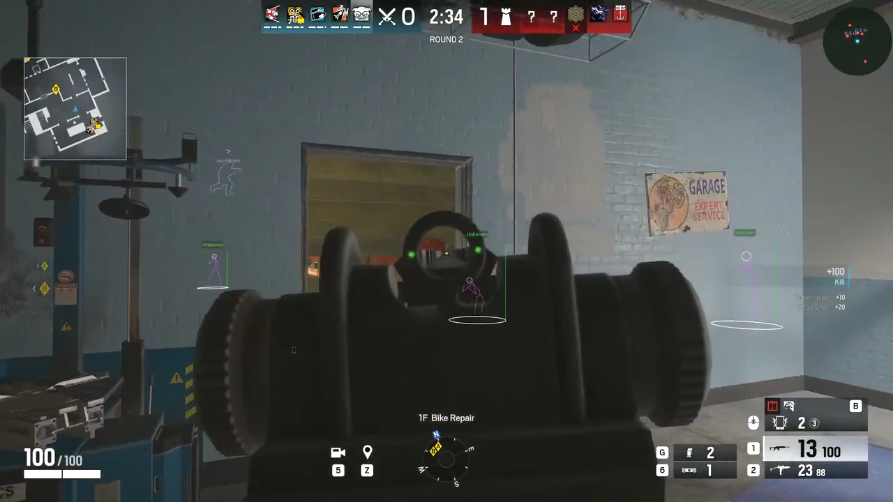 R6 ESP wallhack garage Rainbow Six Siege ESP wallhack cheat — skeleton and box overlays through walls in 1F Bike Repair garage